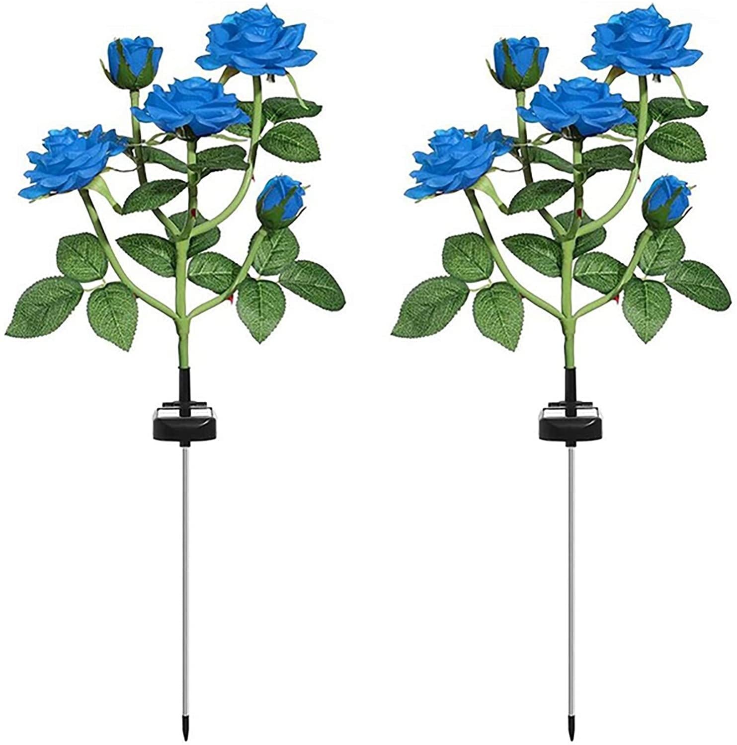 Solar Garden Stake Lights, Rose Flowers Lights LED Yellow Solar Stake Lights with 10 Roses Waterproof for Garden, Yard, Christmas Pathway, Grave Decor(2 Pack-Blue)