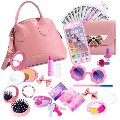 Somnr Pretend Play Purse Toy Set for Toddler Girls - Includes Handbag, Makeup, Smartphone, Wallet, Keys, Credit Card - 31 Pieces - Ages 3+ Pink