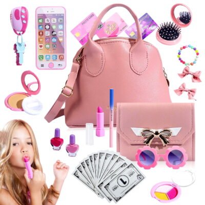 Somnr 31-Piece Kids' Play Purse and Makeup Accessories with Musical Phone, Handbag, Credit Cards, and Car Keys，Suitable for children aged 3+