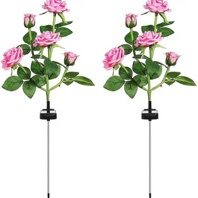 Solar Garden Stake Lights, Rose Flowers Lights LED Yellow Solar Stake Lights with 10 Roses Waterproof for Garden, Yard, Christmas Pathway, Grave Decor(2 Pack-Pink)