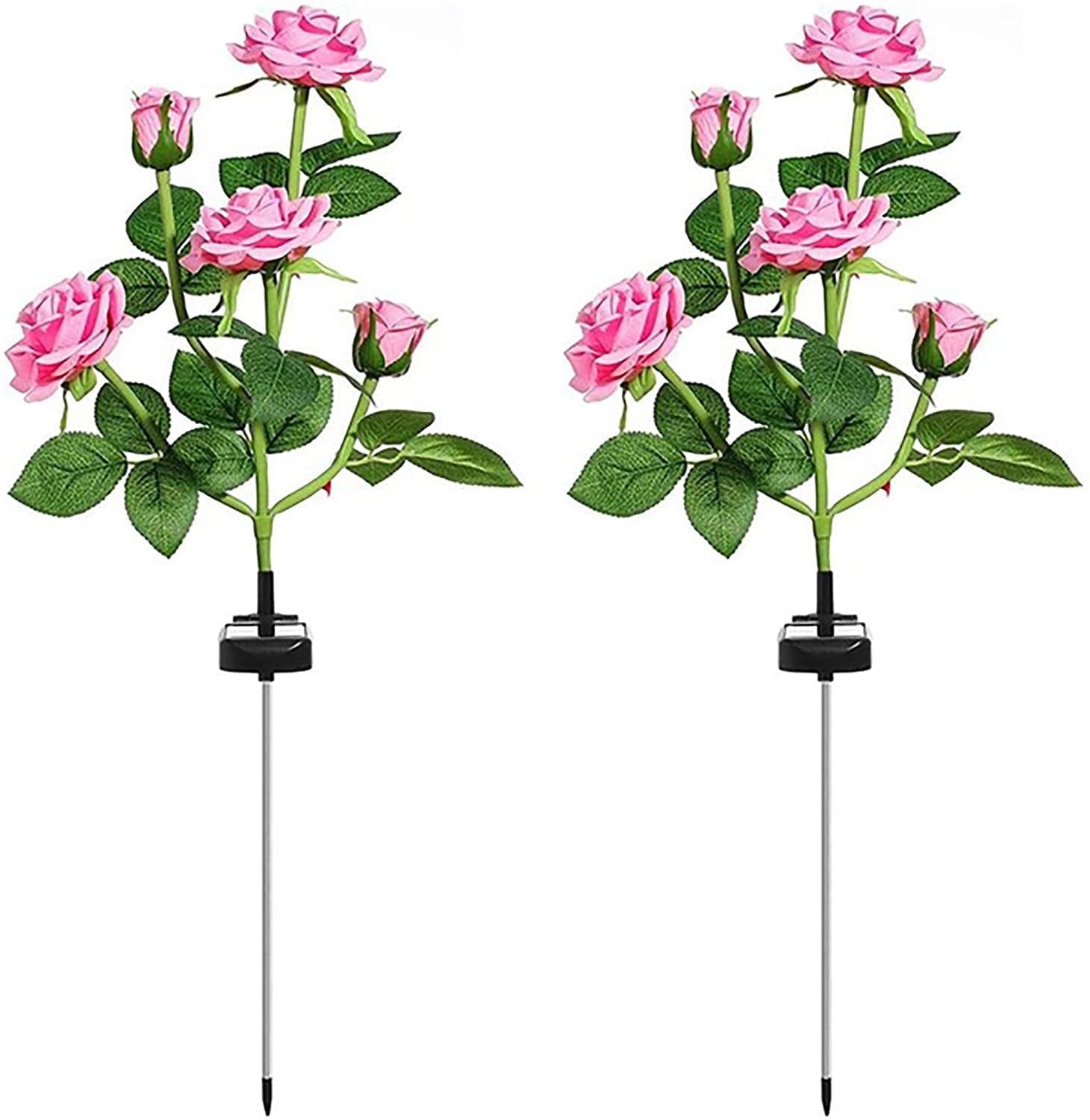 Solar Garden Stake Lights, Rose Flowers Lights LED Yellow Solar Stake Lights with 10 Roses Waterproof for Garden, Yard, Christmas Pathway, Grave Decor(2 Pack-Pink)