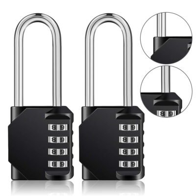 Somnr Long Shackle Padlock, 4 Digit Combination Lock, Resettable Weatherproof Combo Lock for School, Gym, Employee Locker, Outdoor, Fence (Black,Pack of 2)