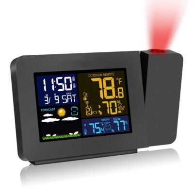 Qishi Projection Alarm Clock, Digital Clock Projector on Ceiling with Indoor/Outdoor Temperature Display, Dual Alarms, WWVB, Colored Backlight, Weather Forecast