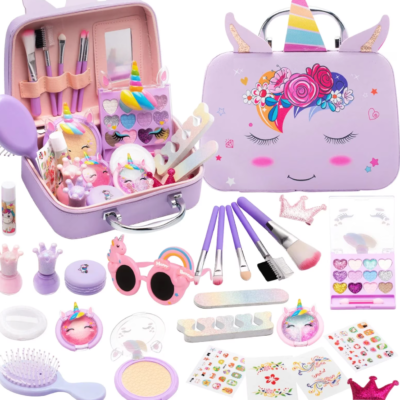 Washable Kids Makeup Kit for Girls - 26PCS Pretend Play Cosmetic Set with Carrying Case, Princess Dress Up Toys for Ages 3-12 (Purple, Perfect Birthday Gift)