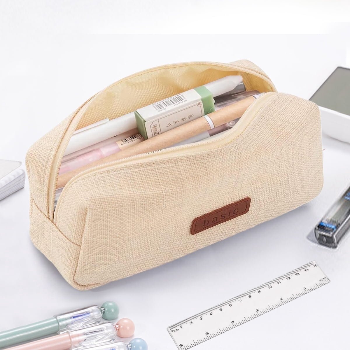 GLUAAE Portable Stylish Pen Bag,Stationery Pouch,Multi-Colored Pencil Bag,Cosmetic Pouch Bag,Compact Zipper Bag (Beige)