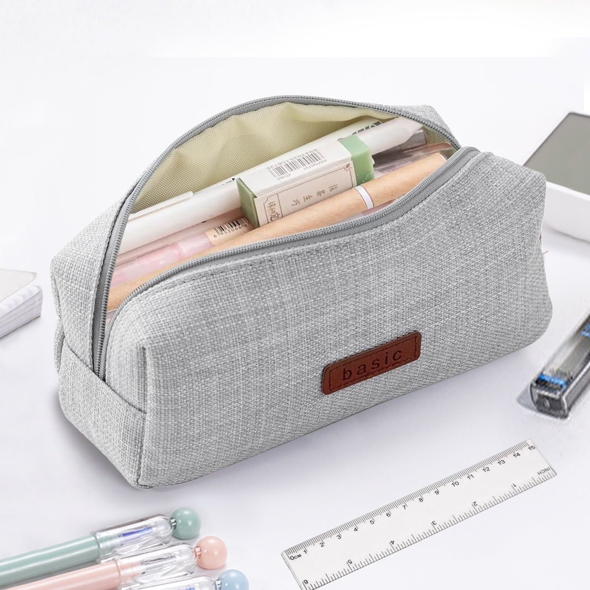 GLUAAE Portable Stylish Pen Bag,Stationery Pouch,Multi-Colored Pencil Bag,Cosmetic Pouch Bag,Compact Zipper Bag (Gray)