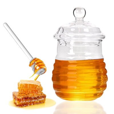 GLUAAE Honey Jar, Honey Syrup Dispenser with Dipper and Lid Cover, Glass Beehive Honeypot Container for Bee Pie Jam Jelly Home Kitchen, Clear 8.4 Ounce