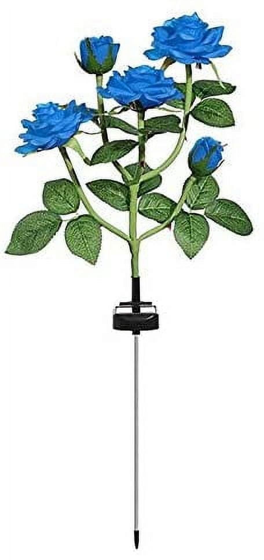 Solar Garden Stake Lights, Rose Flowers Lights LED Yellow Solar Stake Lights with 5 Roses Waterproof for Garden, Yard, Christmas Pathway, Grave Decor(1 Pack-Blue)