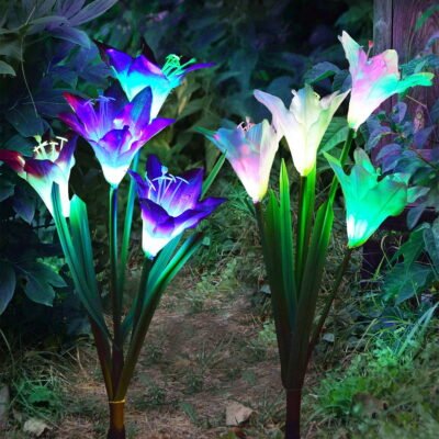 Outdoor Solar Garden Stake Lights - 2 Pack Solar Powered Lights with 8 Lily Flower, Multi-color Changing LED Solar Decorative Lights for Garden, Patio, Backyard (Purple and White)