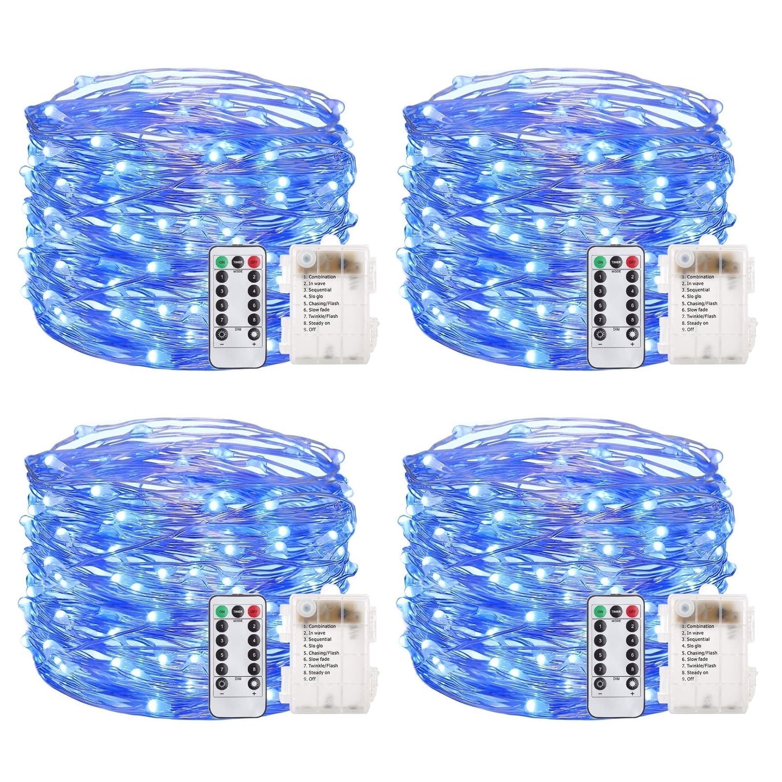 33 Feet 100 Led Fairy Lights Battery Operated with Remote Control Timer Waterproof Copper Wire Twinkle String Lights for Bedroom Indoor Outdoor Wedding Dorm Decor, Blue 4Pack