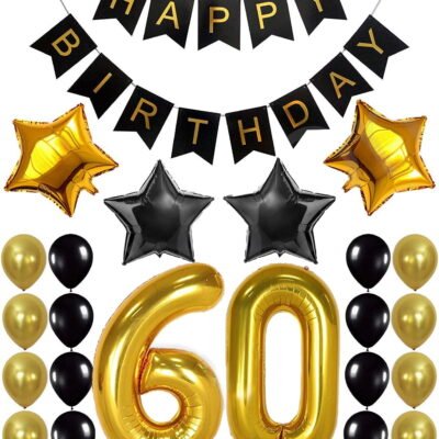 QiShi 60th Birthday Party Decorations Kit-Large, Pack of 24 | Number 6 and 0 Balloons | Black Happy Birthday Banner | Ideal for 60 Years Old Celebration Décor