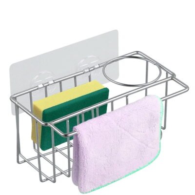 Somnr Kitchen Sink Brush Holder, 2 in 1 Stainless Steel Sink Caddy Organizer, Rustproof & Durable Adhesive Sponge Holder Drain Rack (Silver)