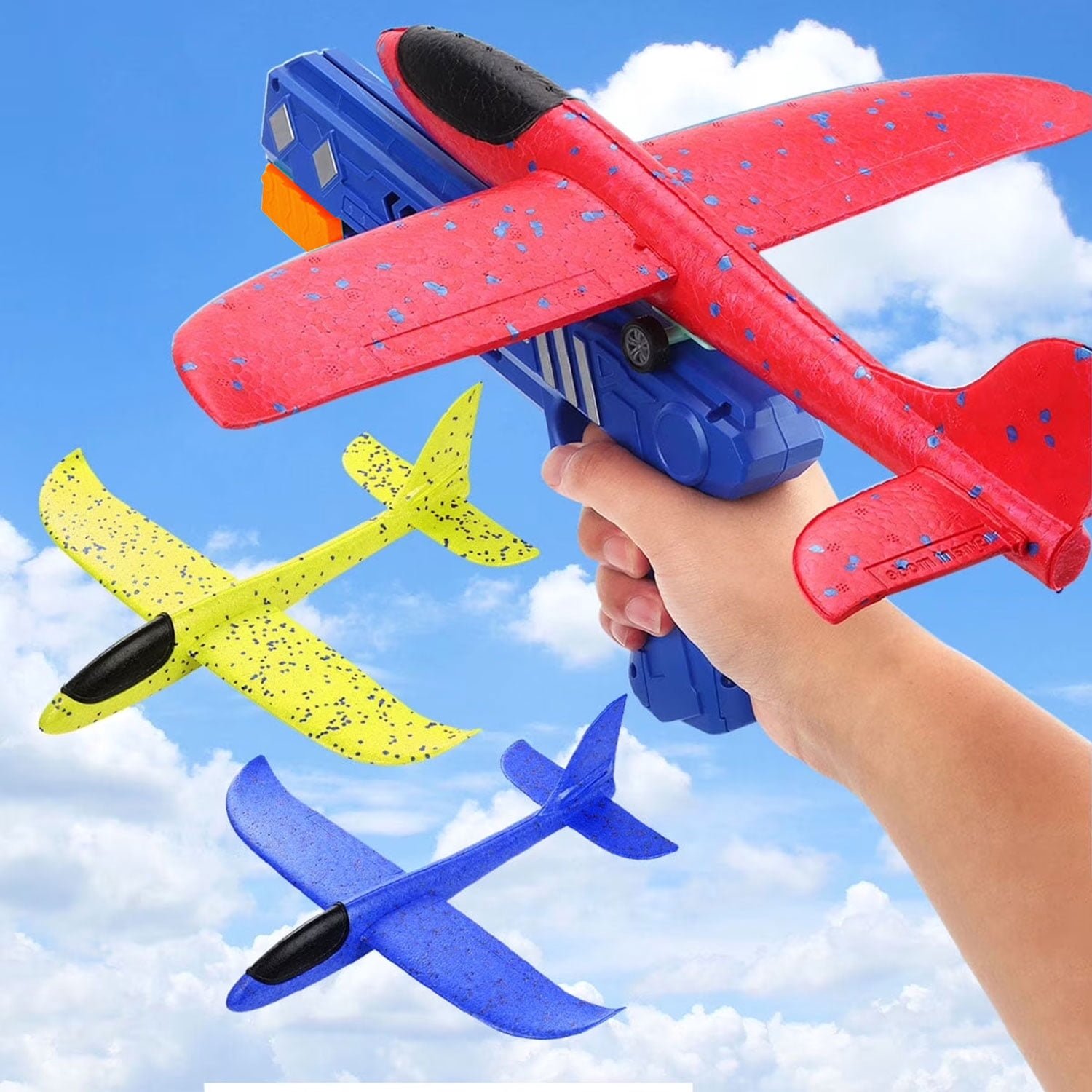 3 Pack Kids Foam Glider Planes with Starter, Outdoor Flying Toys, Safe Soft Airplane Play Set - Birthday Gifts for Boys Girls Ages 4 and Up
