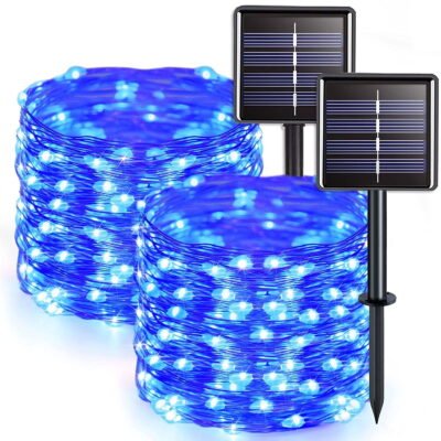 GLUAAE Solar String Lights Outdoor, Mini 33Feet 100 LED Copper Wire Lights, 8 Modes Solar Powered Fairy Lights, Waterproof Solar Decoration Lights(Blue)-2Pack