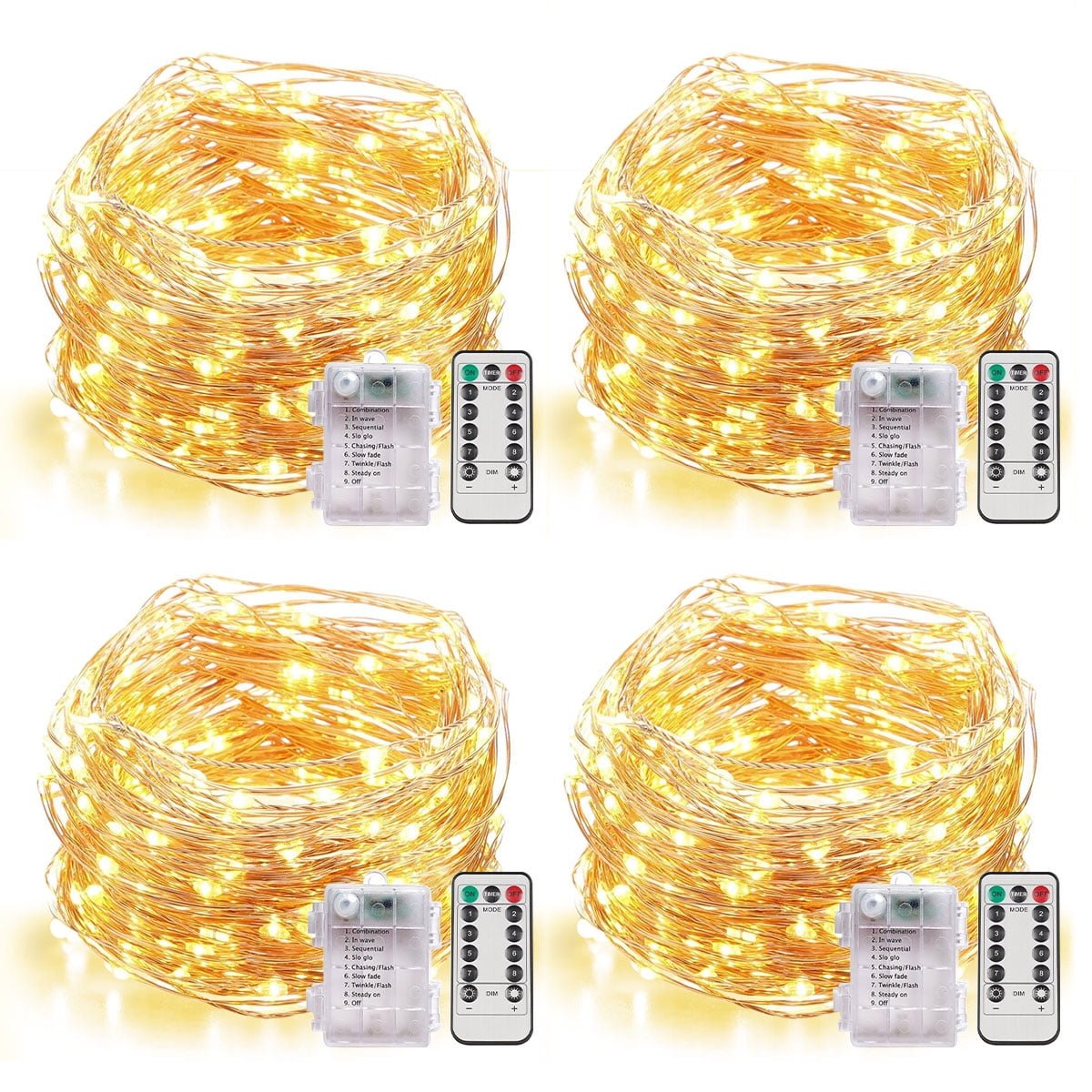 Somnr 4 Set Fairy Lights Battery Operated Christmas String Lights with Remote Timer for 8 Modes Twinkle Lights 66 feet 200 LED Firefly Lights -Warm White