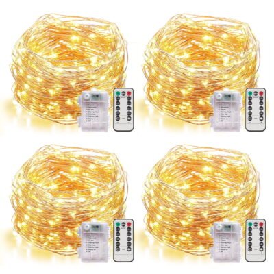 Somnr 4 Set Fairy Lights Battery Operated Christmas String Lights with Remote Timer for 8 Modes Twinkle Lights 66 feet 200 LED Firefly Lights -Warm White