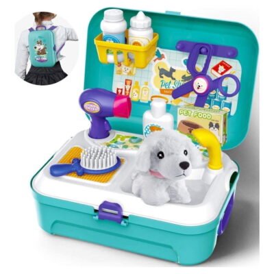 GLUAAE Toys for Kids Dog Grooming Doctor Kit Toys, Pet Care Play Set Pretend Puppy Dog Carrier, Pet Grooming Toy with Sturdy Gift case for Toddler Boys and Girls