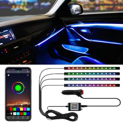 Somnr Interior Car Lights, 4 Pcs 48 LED Multi-Color Music Car Lights Strip Under Dash Lighting Kit with Sound Active Function & App Control, DC 12V