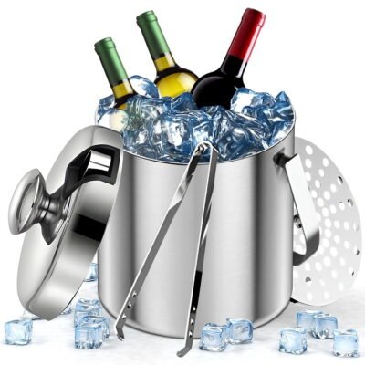Somnr Stainless Steel Ice Bucket, Portable Double Walled Insulated Cooler with Tong Lid and Water Filter for Bar Kitchen Picnic Party-3.2L-SILVER