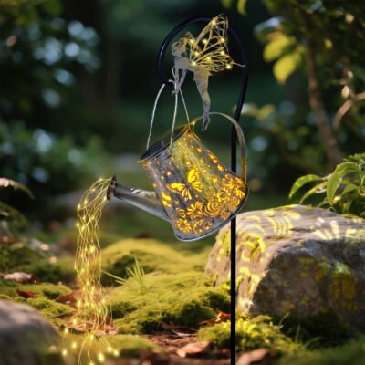 Solar Fairy Watering Can Lights, Butterfly Decorative Hanging Solar Lantern Lights with Hook, Waterproof Garden Lights for Outdoor Patio Yards Pathway Courtyards