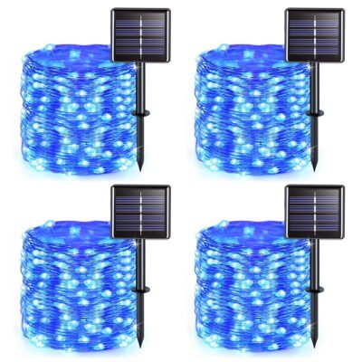 GLUAAE Upgraded Solar String Lights Outdoor, Mini 33Feet 100 LED Copper Wire Lights, Solar Powered Fairy Lights, Waterproof Solar Decoration Lights(Blue)-4Pack