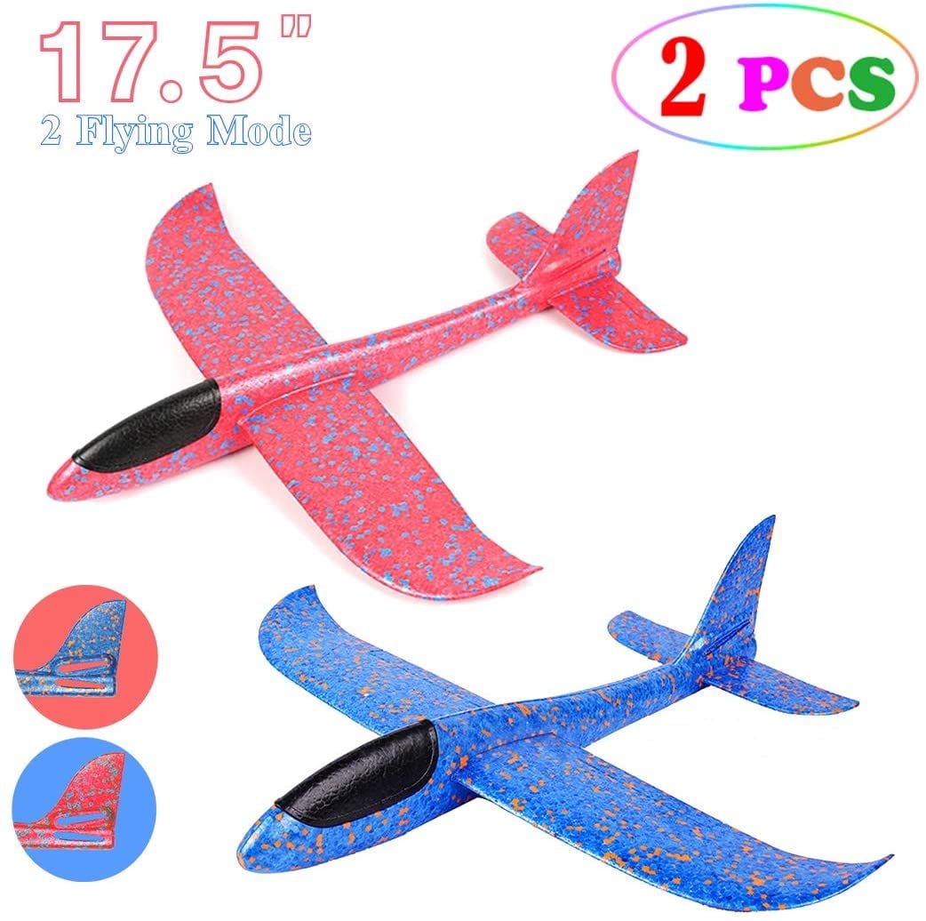 2 pack Glider Plane Toys, 17.5" Large Throwing Foam Airplane, Dual Flight Mode Flying Toy, The Best Outdoor Sport Toy Gifts for Kids