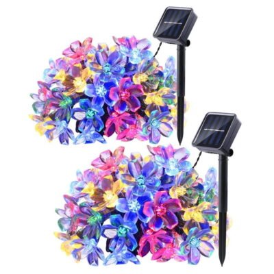 QISHI 2Pack Landscape Solar String Lights,22.96ft 50 LED Waterproof Fairy String Lights Blossom Flower for Indoor/Outdoor,Patio,Lawn,Garden,Christmas,and Holiday Festivals Light (Multi Color)