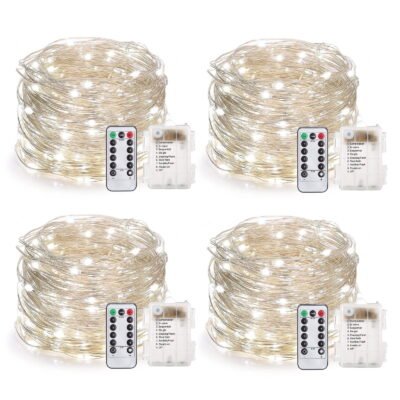66 Feet 200 Led Fairy Lights Battery Operated with Remote Control Timer Waterproof Silver Wire Twinkle String Lights for Bedroom Indoor Outdoor Wedding Dorm Deco-Cool White 4Pack