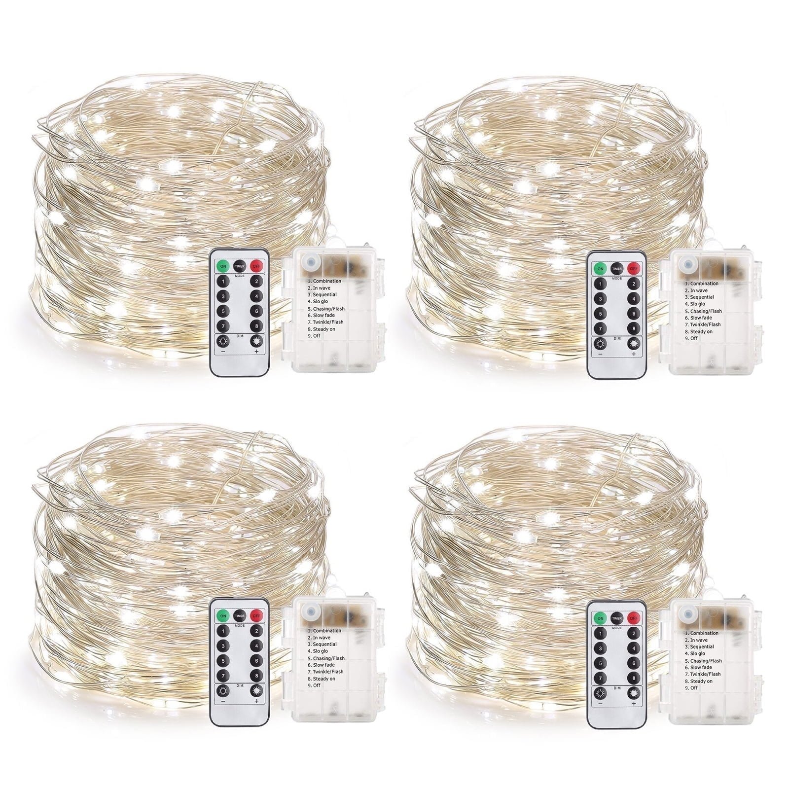 66 Feet 200 Led Fairy Lights Battery Operated with Remote Control Timer Waterproof Silver Wire Twinkle String Lights for Bedroom Indoor Outdoor Wedding Dorm Deco-Cool White 4Pack