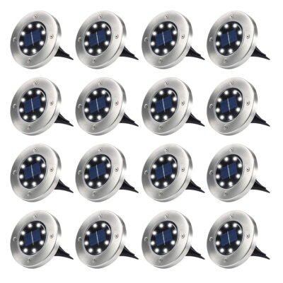 Qishi Solar Ground Lights,8 LED Disk Lights Solar Powered Waterproof,for Garden Driveway Lawn Pathway Yard Pool Step and Walkway(Cool White)16PACK