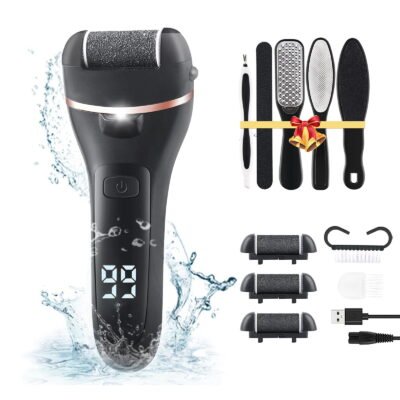 QiShi Electric Callus Remover – Rechargeable Foot File with 10PCS Pedicure Kit, Dead Skin & Cracked Heel Repair, 3 Roller Heads