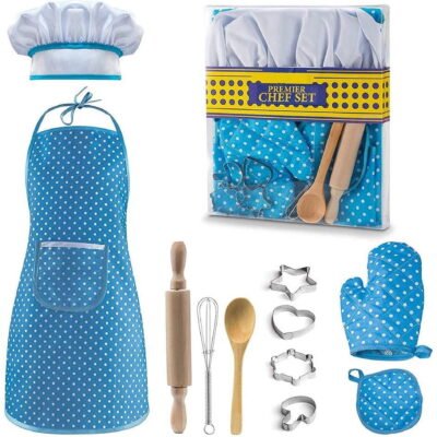 GLUAAE Kids Cooking Set, 11 Pcs Birthday Gifts for 3-6 Year Old Girls. Includes Apron, Chef Hat, Cooking Mitt, Utensils. Festival Toys for 3-6 Year Old Girls (Blue)