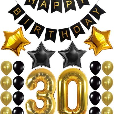 QiShi 30th Birthday Decorations Black and Gold Party Decorations