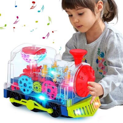 Somnr Transparent Electric Gear Train Toy, Music Light Rotating Toy Train with Battery Operated, Children's Birthday Gift Educational Gear Toy for Kids Toddlers