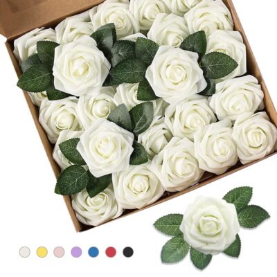 Somnr Artificial Roses - for Weddings, Home Decor, DIY Bouquets, Milkwhite (25 Pack)