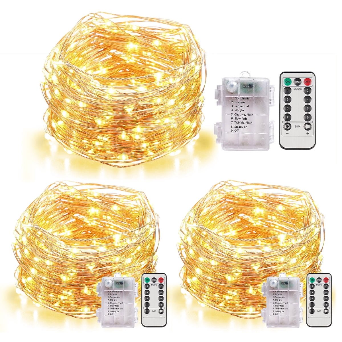 Somnr 3 Set Fairy Lights Battery Operated Christmas String Lights with Remote Timer for 8 Modes Twinkle Lights 66 feet 200 LED Firefly Lights -Warm White