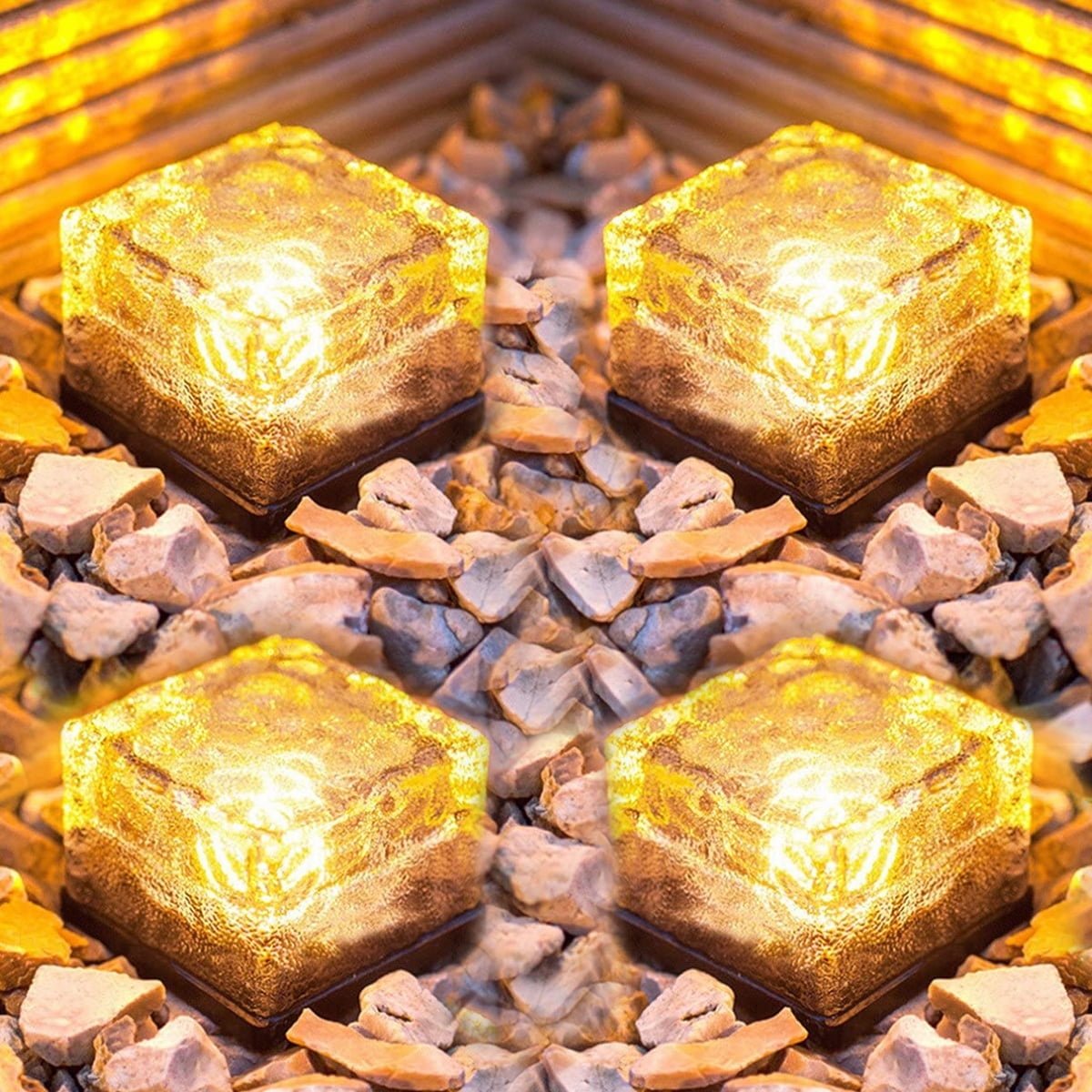 4 Pack LED Ice Cube Lights, Solar Brick Lights Outdoor, Solar Frosted Landscape Light for Patio Road Pool Decoration, Warm White