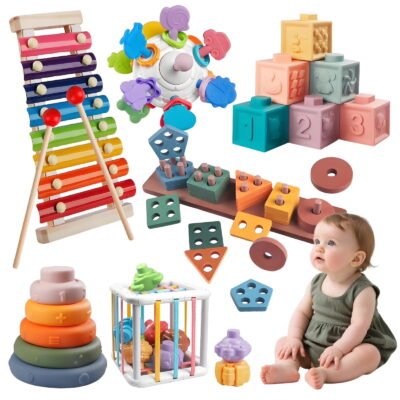 Somnr 6-in-1 Montessori Baby Toys for 1 Year Old - Wooden Stacking Blocks, Shape Sorter & Xylophone with Teething Rings, Learning Toys for Babies 6-12 Months (Toddler Gift Set)