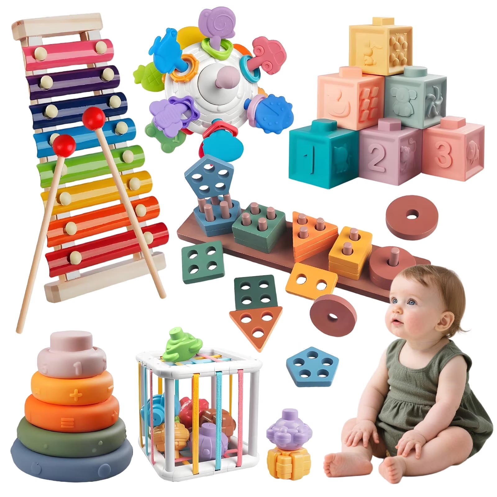 Somnr 6-in-1 Montessori Baby Toys for 1 Year Old - Wooden Stacking Blocks, Shape Sorter & Xylophone with Teething Rings, Learning Toys for Babies 6-12 Months (Toddler Gift Set)
