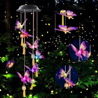QiShi solar butterfly wind chimes butterfly gifts solar Bell butterfly lights outdoor solar hanging lights gardening gifts gifts for mom garden decor solar butterfly gifts