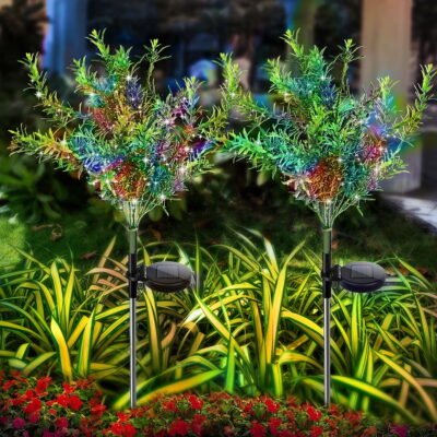 Solar Garden Lights Tree Outdoor Multi-Color Changing LED Stake Lights Flower for Garden, Patio, Yard and Decoration Solar Flickering Tree Lights (Tree,2 Pack)