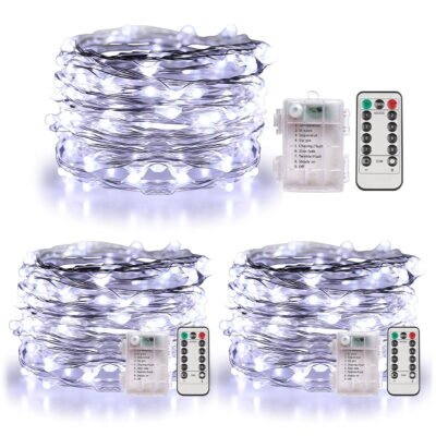 Somnr 3 Set Fairy Lights Battery Operated Christmas String Lights with Remote Timer for 8 Modes Twinkle Lights 66 feet 200 LED Firefly Lights -Cool White