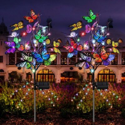QiShi Solar Butterfly Lights, 2 pack Outdoor Solar Garden Stake Lights, Waterproof Decorative Solar Lights with 14 Butterflies for Pathway Lawn Decor (Colorful Light)