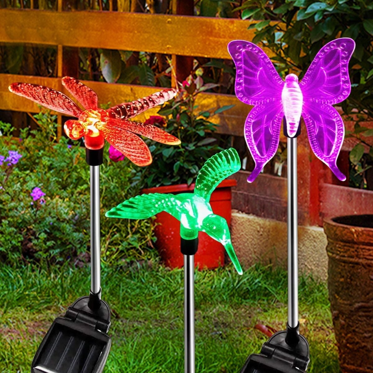 Solar Garden Lights, 3 Pack Solar Garden Stake Light, Multi-color Changing Solar Powered Decorative Landscape Lighting Hummingbird Butterfly Dragonfly for Outdoor Path, Yard, Lawn, Patio