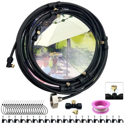 26FT Misting Cooling System, Misting Line with 15 x T-Joints and a Misting Hose Cutter, Misters for Outside Patio Garden Greenhouse (Black)