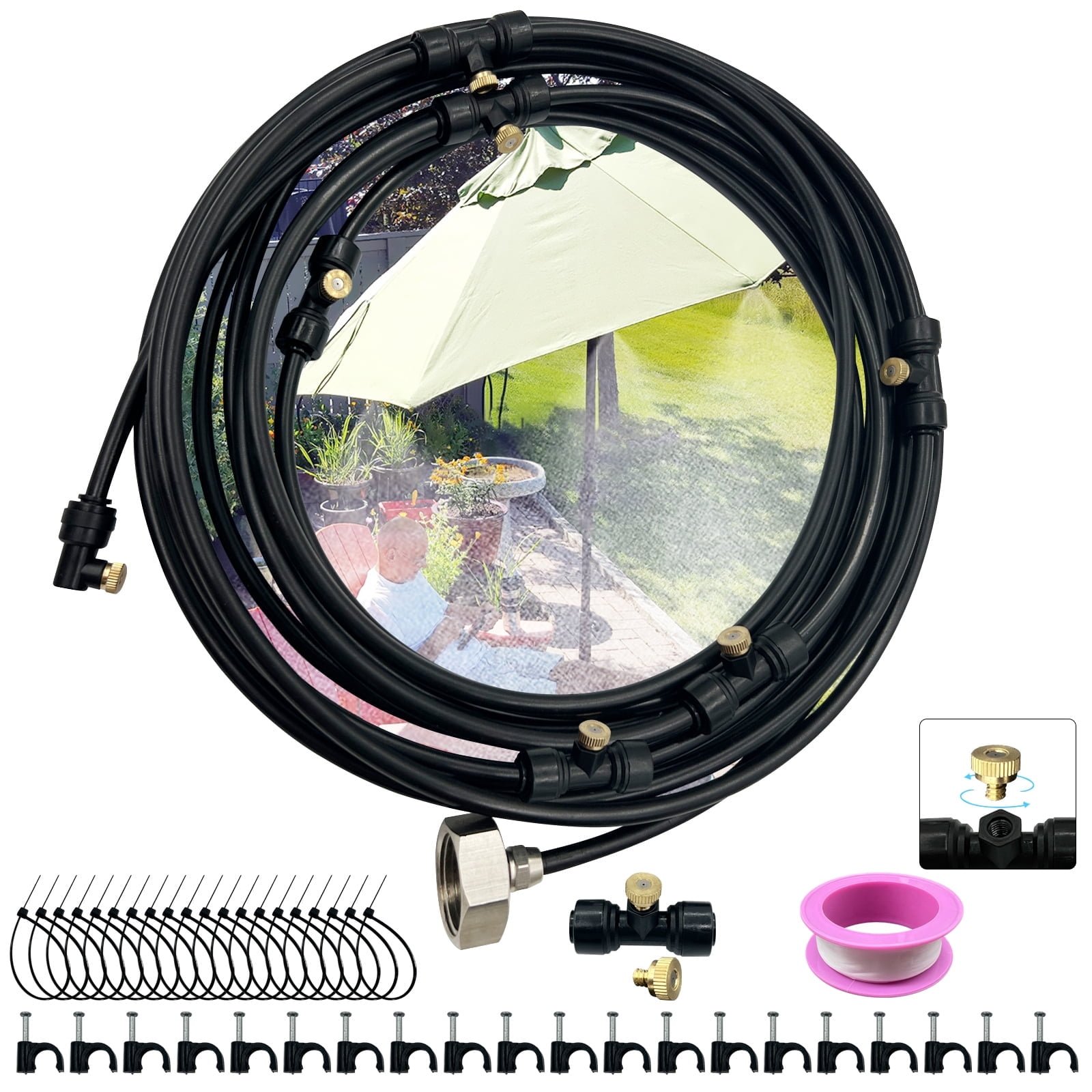 26FT Misting Cooling System, Misting Line with 15 x T-Joints and a Misting Hose Cutter, Misters for Outside Patio Garden Greenhouse (Black)