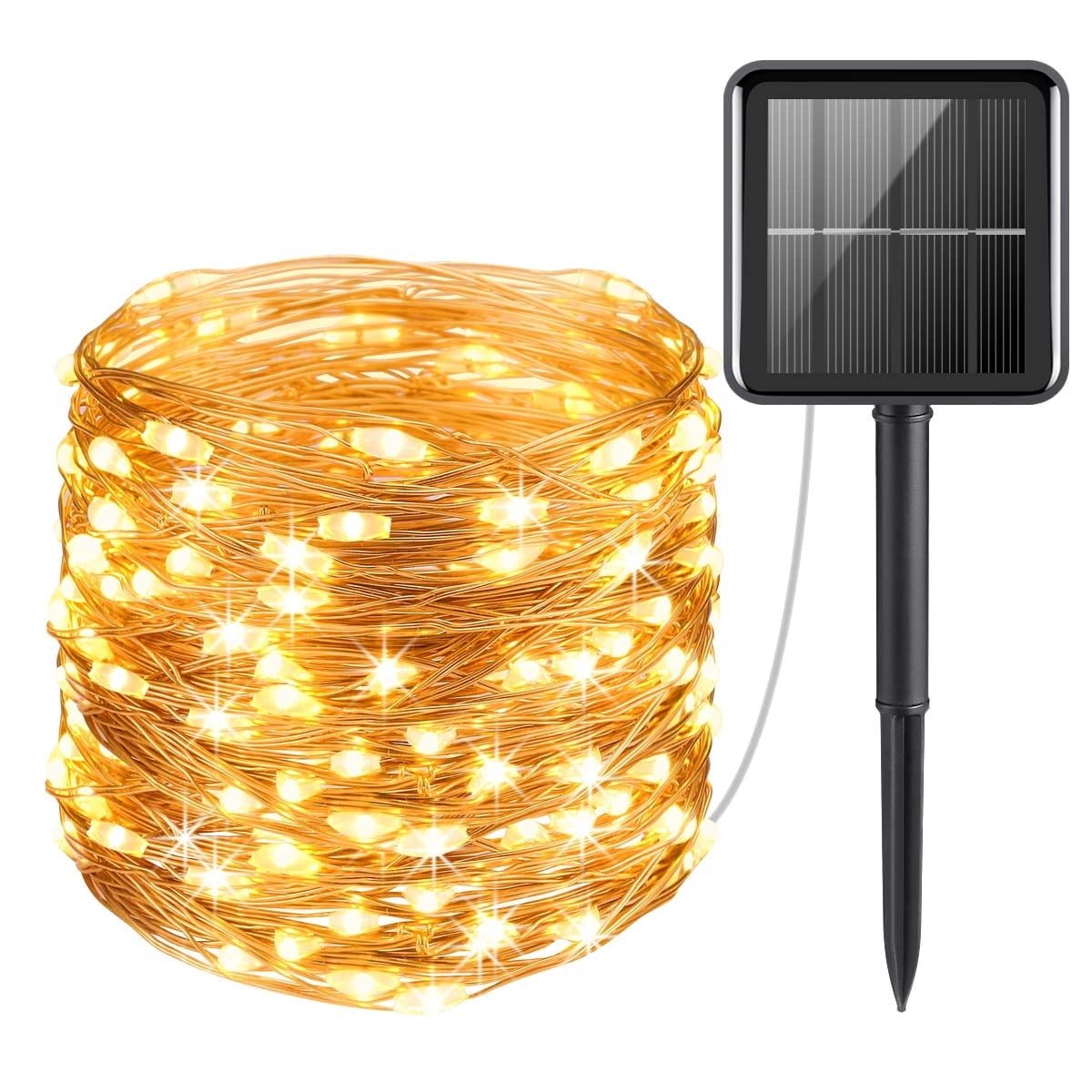 Solar Outdoor String Lights 100 LED Solar Powered Fairy Lights 33ft Flexible Copper Wire Auto On/Off 8 Modes Waterproof IP65 String Lights for Garden, Patio, Windows, Trees, Party (Warm White)