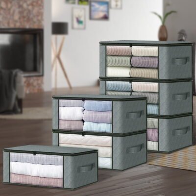 Large Clothes Organizer with Sturdy Handle, Storage Bags Foldable Storage Box for Comforters, Blankets, Bedding, Clear Window, 6 Pack, Grey