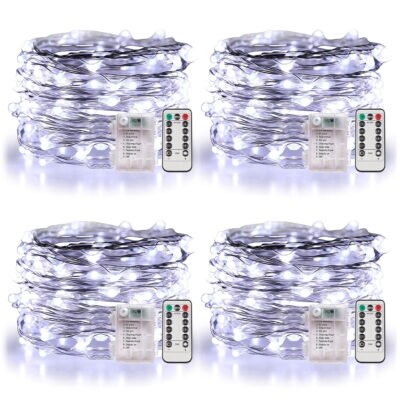 Somnr 4 Set Fairy Lights Battery Operated Christmas String Lights with Remote Timer for 8 Modes Twinkle Lights 66 feet 200 LED Firefly Lights -Cool White