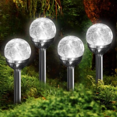 4 Pack Solar Lights Outdoor, Cracked Glass Ball Solar Garden Lights, Decorative LED Landscape Light for Patio Pathway Decor, White